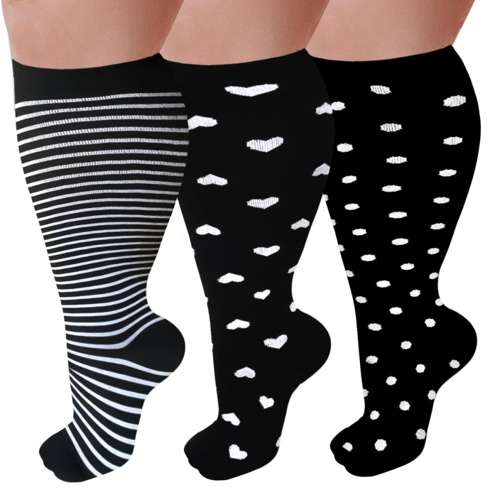 GET-FA 3 Pairs Plus Size Compression Socks for Women and Men Wide Calf 20-30mmhg Extra Large Knee High Support for Circulation