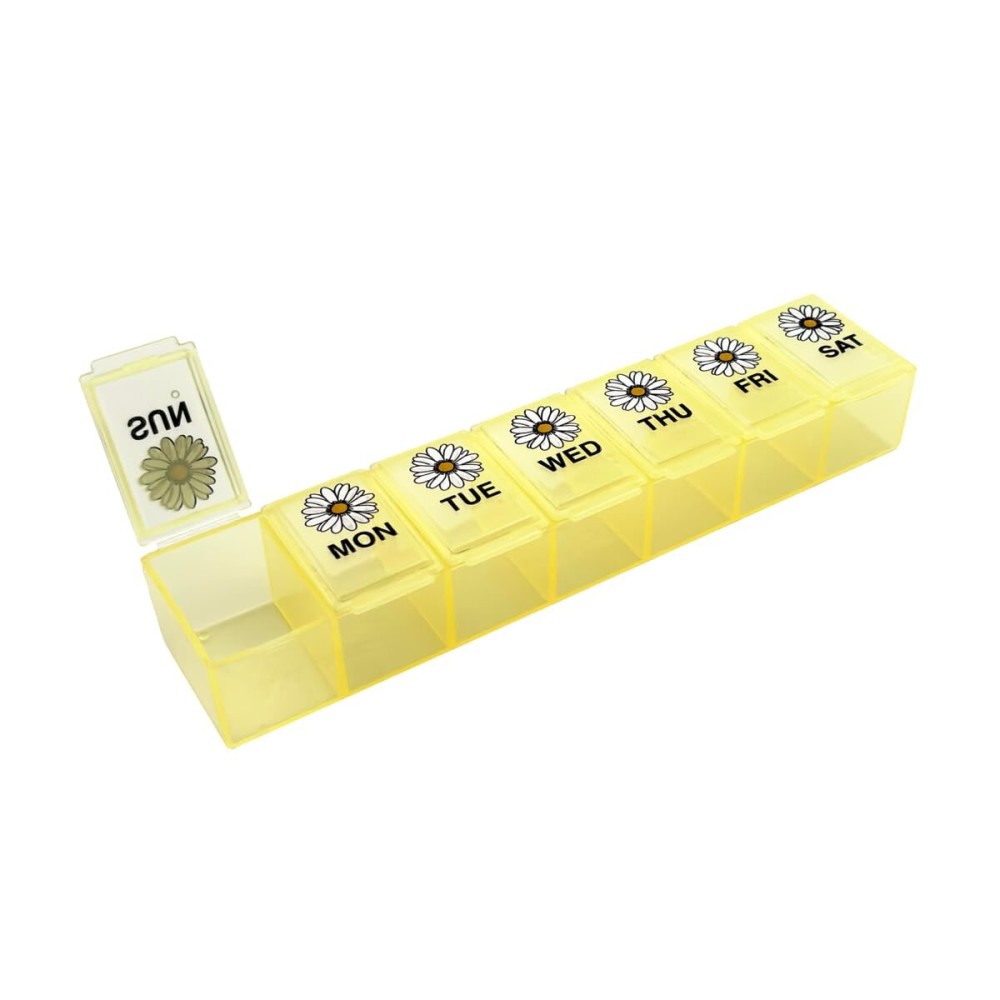 EZY DOSE Weekly (7-Day) Daily Pill Case, Medicine Planner, Vitamin Organizer, Supplement Container, Large Compartments, Yellow Daisy Days Design, Easy-to-Open, Travel-Friendly, BPA Free