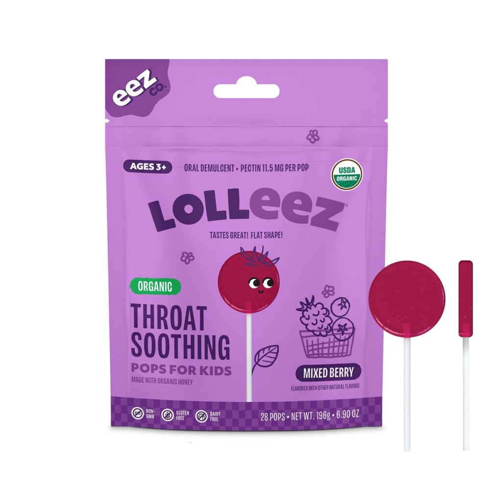 Lolleez Organic Lollipops for Kids Sore Throat Relief, Mixed Berry Perfect for Soothing A Sore Throat While Tasting Great, Mixed Berry Flavor, 28 Count