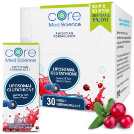 Core Med Science Liposomal Glutathione Supplement, Sweet & Tart Berry - Glutathione Drink Mix for Detox Support - Antioxidant Supplement for Energy, Brain Health, Skin & Liver Health - 30 Pack