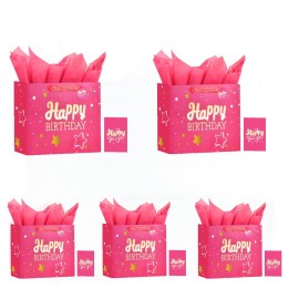 13 Pink Happy Birthday Gift Bag with Tissue Paper and Greeting Card for Party,Happy Birthday Gift Bag for Men Women,Gift Bags Medium size(5 PCS Pink Hot Stamping)
