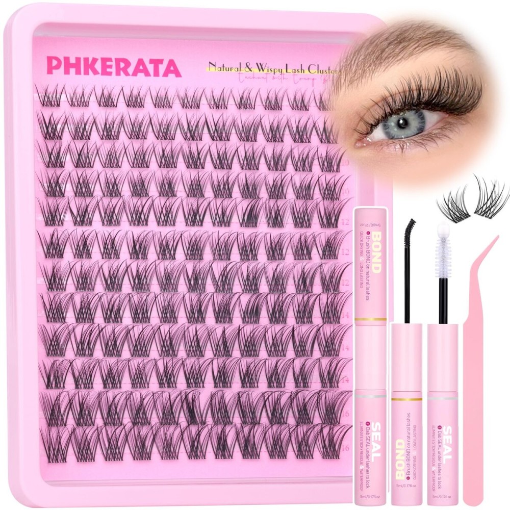 PHKERATA Natural Lash Clusters Kit Invisible Band Eyelash Clusters Wispy Lash Extension Kit DIY Cluster Eyelash Extension Kit Individual Lashes with Lash Glue Bond and Seal Tweezers, 8-16mm