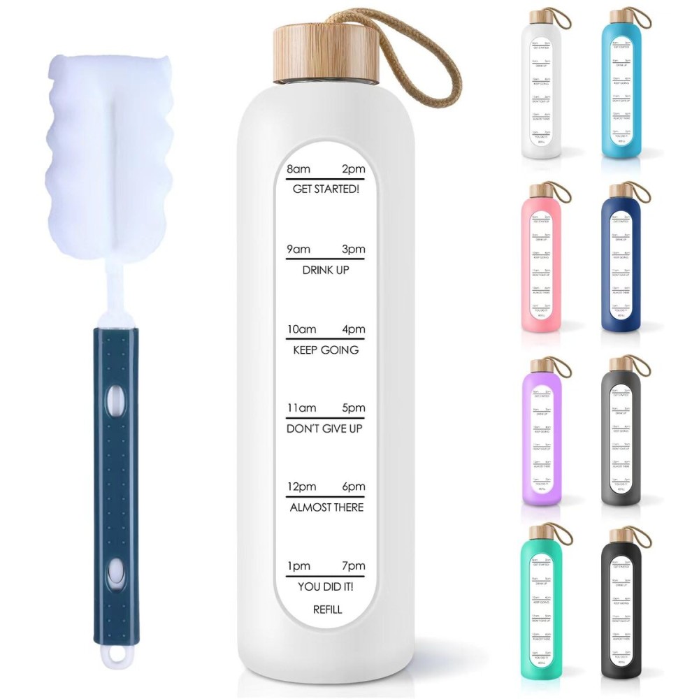 PROBTTL 25 oz Glass Water Bottles - Time Marker Motivational Borosilicate Glass Water Bottle With Silicone Sleeve and Bamboo Lid, Leak Proof, Reusable, BPA Free (White)