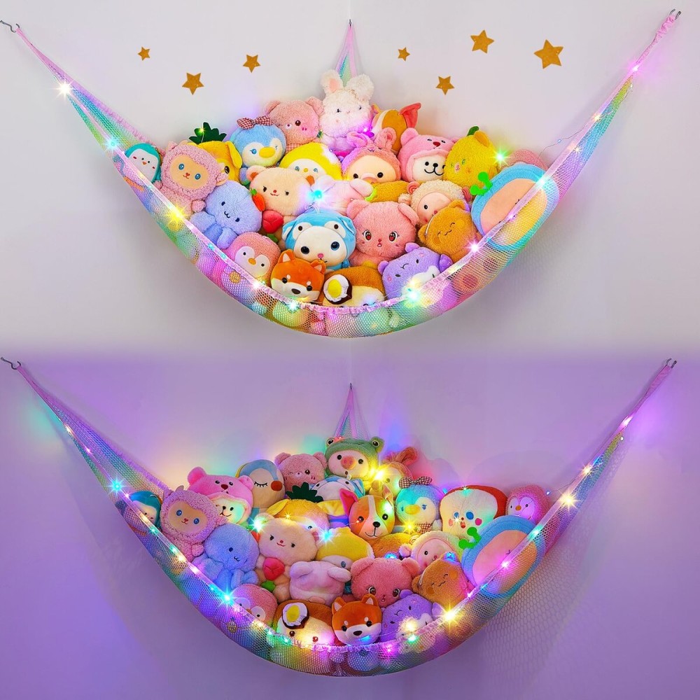 Unicorn Castle Stuffed Animals Net Hammock Kids Toy Storage with LED Light Plush Toy Organizer Corner Hanging Stuffed Animals Holder For Nursery Kids Girls Room Decor