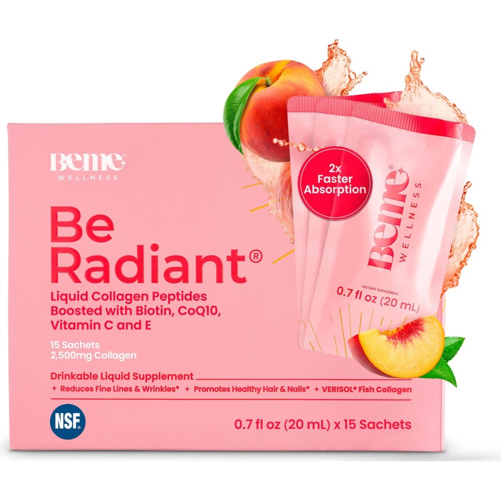 BeMe Liquid Collagen for Women - 2500mg Verisol Collagen Liquid with Biotin, CoQ10 & Vitamin C - Clinically Proven Collagen Peptides for Hair, Skin & Nails - 15 Peach Sachets