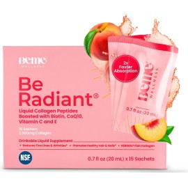 BeMe Liquid Collagen for Women - 2500mg Verisol Collagen Liquid with Biotin, CoQ10 & Vitamin C - Clinically Proven Collagen Peptides for Hair, Skin & Nails - 15 Peach Sachets