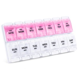 Sukuos AM PM Weekly Pill Organizer 7 Day, 2 Times A Day Medicine Pill Box with Easy Push Button, BPA Free Vitamin Cases for Fish Oil/Supplements (Pink&White)