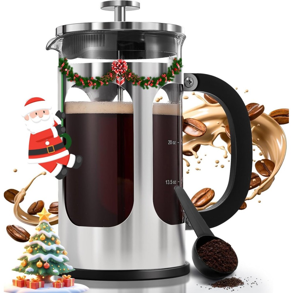 BAYKA 34oz French Press Cold Brew Coffee Maker, Heat and Cold Resistant Thickened Borosilicate Glass Stainless Steel Coffee Press, Iced Coffee Pot Tea Pitcher for Kitchen Travel Camping,1 Liter,Silver