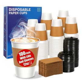 MOUMOULIFE 12 oz Paper Coffee Cups with Lids and Sleeves 100 Pack, Sturdy Leak-Proof Design for Hot Drinks, Disposable Coffee Cups for Office, Parties, and Travel