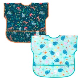 Bumkins - Junior Bib - For Boys & Girls, Toddlers & Kids 1-3 Years - Lightweight, Durable, Waterproof - Short Sleeve Bib - Catch-All Pocket - Wipeable & Machine Washable - Jungle & Ocean - 2 Pack
