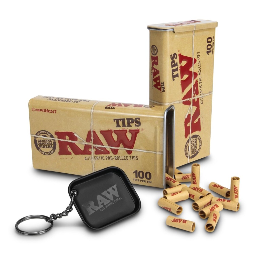 RAW Pre-Rolled Tips with Storage Tin - 200 Tips & Limited Edition Black Matte Keychain - Slow Burning & Convenient for Rolling on The Go