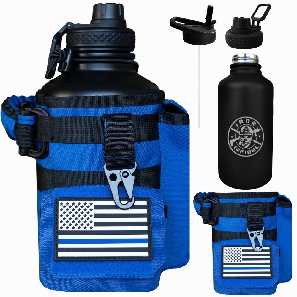 Iron Infidel Battle Bottle - Half Gallon Insulated Water Bottle with Paracord Handle, Large 64 oz Stainless Steel Water Jug with Rugged, Removable Sleeve for Keys, Wallet & Phone (Blue Line 2 Liter)
