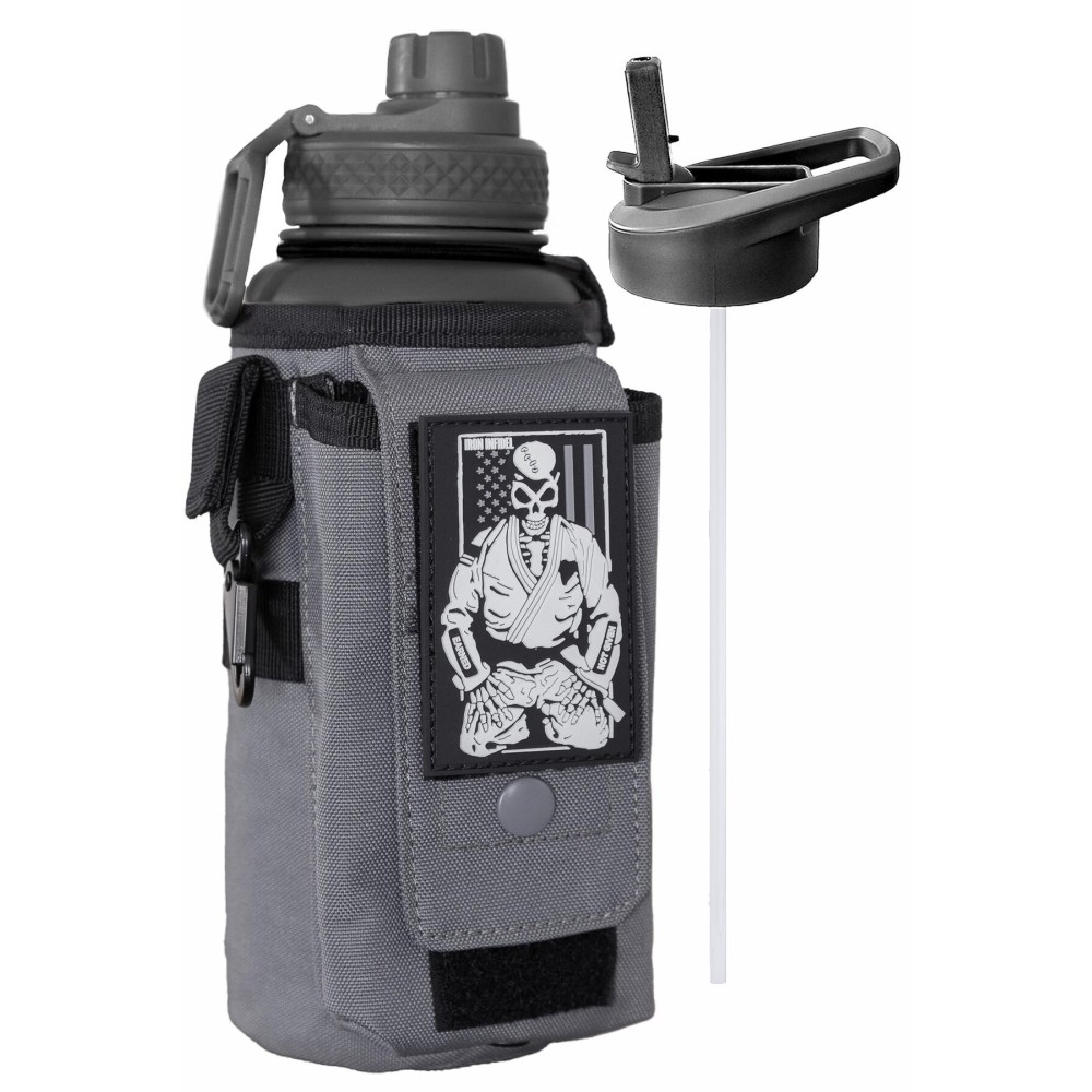 Iron Infidel Battle Bottle - 32 Oz Insulated Water Bottle with Straw Lid & Chug Cap, Stainless Steel Metal Flask Includes Rugged, Removable Sleeve for Keys, Wallet, & Phone (Earned, Not Given 1 Liter)
