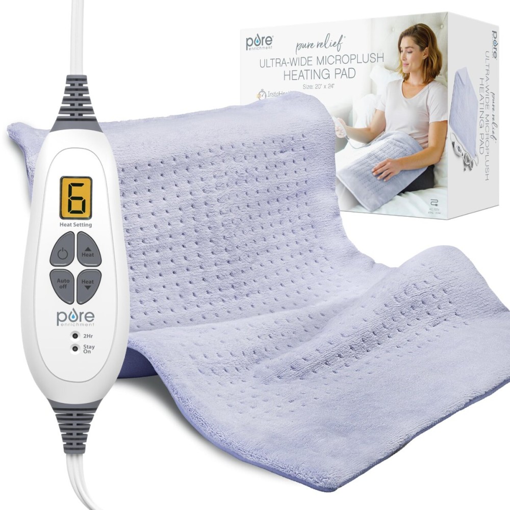 Pure Enrichment PureRelief Ultra-Wide Microplush Heating Pad - 20 x 24 XXL Size & 6 Heat Settings for Temporary Neck, Shoulder & Back Pain Relief - Moist Heat Option & Machine Washable (Periwinkle)