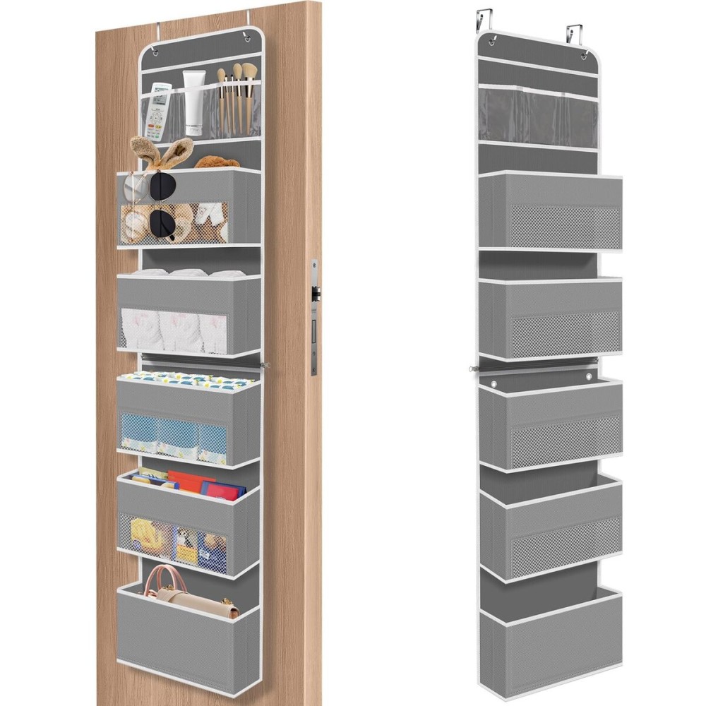 SpaceHacks 6-Tier Over The Door Organizer, Hanging Storage Organizer with Clear Window, 40lb Ultra Sturdy Large Capacity Room Organizer for Pantry Bathroom Nursery Closet Baby Essential (Grey)