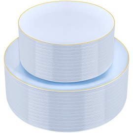 PULOTE 100PCS Blue Plastic Plates - Disposable Light Blue Include 50 Dinner & 50 Dessert/Salad Plates for Party, Wedding & Easter