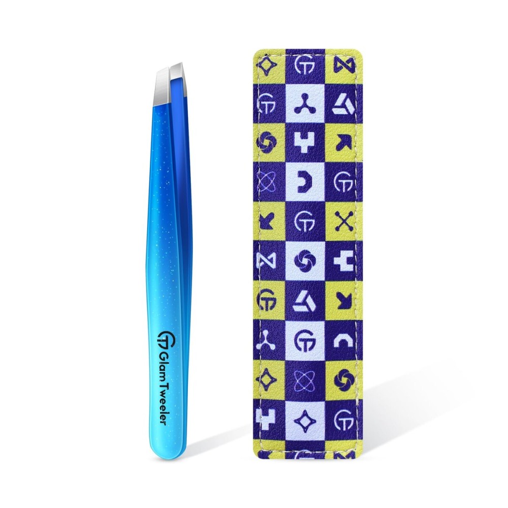 Expert Slant Tip Tweezers with Leather Travel Case, GlamTweeler Sharp & Precision Stainless Steel Tweezer for Eyebrows, Facial Hair and Fine Hairs Removal (Sparkle Royal Blue & Aqua)