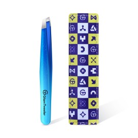 Expert Slant Tip Tweezers with Leather Travel Case, GlamTweeler Sharp & Precision Stainless Steel Tweezer for Eyebrows, Facial Hair and Fine Hairs Removal (Sparkle Royal Blue & Aqua)
