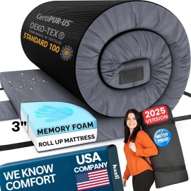 Hazli Matrix Comfort-Cell Memory Foam Camping Mattress Pad - Roll Up Mattress for Adults - Portable Cot Sleeping Pad for Camping - Floor Mat or Bed Roll for Car, SUV - 72 X 26 X 3 Dark Grey