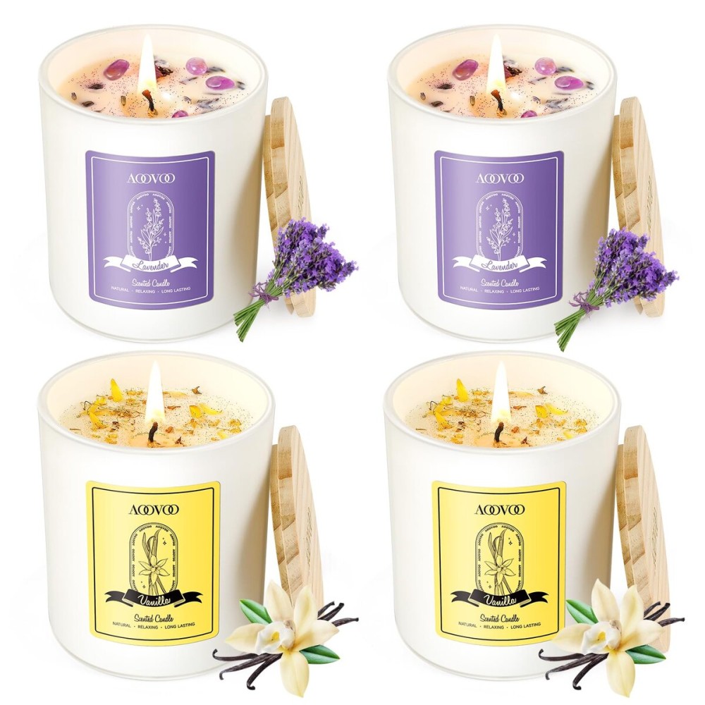 AOOVOO Lavender Candles Set for Women - 4 Pack Candles for Home Scented, 28 oz 200 Hour Long Lasting Aromatherapy Candle with Crystals Inside, Birthday Gifts Christmas Candle for Women Mom