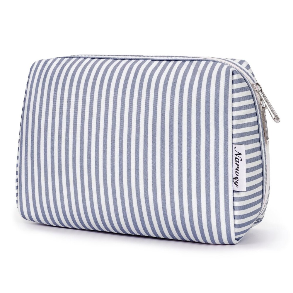 Narwey Striped Makeup Bag Travel Cosmetic Bag Organizer Toiletry Bag Make Up Bags with Compartments for Women Girls (Large, Greyish Blue Stripe)