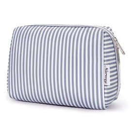 Narwey Striped Makeup Bag Travel Cosmetic Bag Organizer Toiletry Bag Make Up Bags with Compartments for Women Girls (Large, Greyish Blue Stripe)