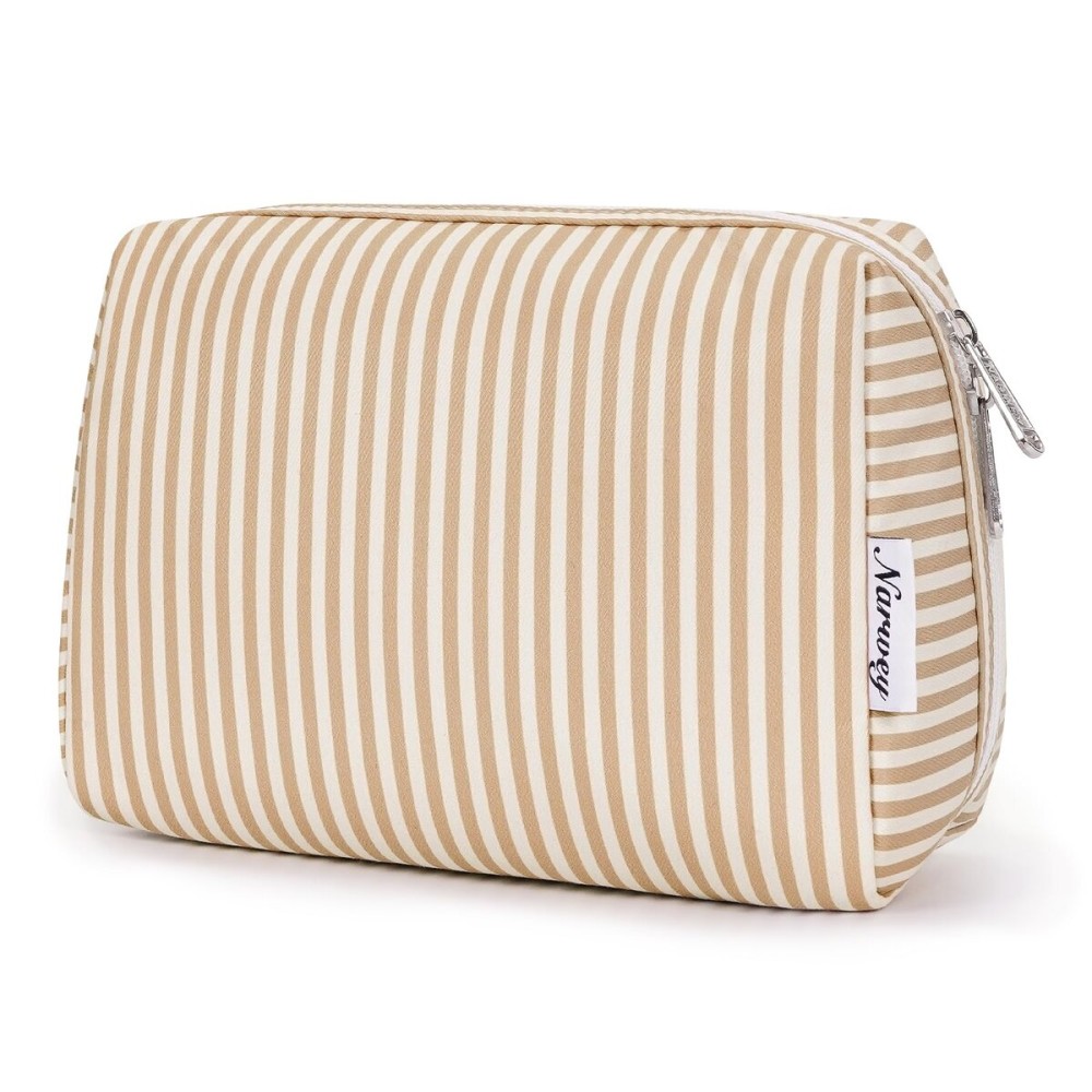 Narwey Striped Makeup Bag Travel Cosmetic Bag Organizer Toiletry Bag Make Up Bags with Compartments for Women Girls (Large,Brown Stripe)