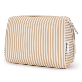 Narwey Striped Makeup Bag Travel Cosmetic Bag Organizer Toiletry Bag Make Up Bags with Compartments for Women Girls (Large,Brown Stripe)