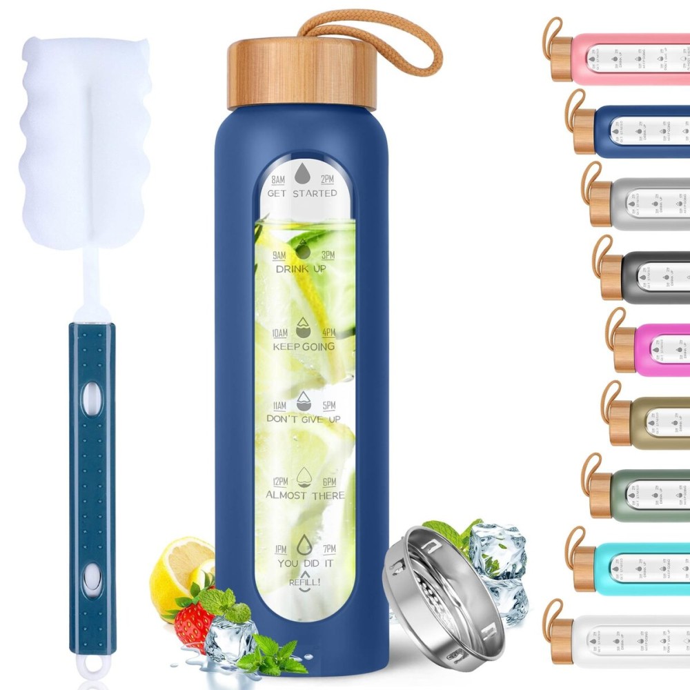 Aqulea Glass Water Bottles 25 Oz with Silicone Sleeve - BPA Free Reusable Wide Mouth Glass Motivational Water Bottles with Fruit Infuser - Leak Proof Borosilicate Water Bottle with Time Marker (Blue)