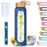 Aqulea Glass Water Bottles 25 Oz with Silicone Sleeve - BPA Free Reusable Wide Mouth Glass Motivational Water Bottles with Fruit Infuser - Leak Proof Borosilicate Water Bottle with Time Marker (Blue)