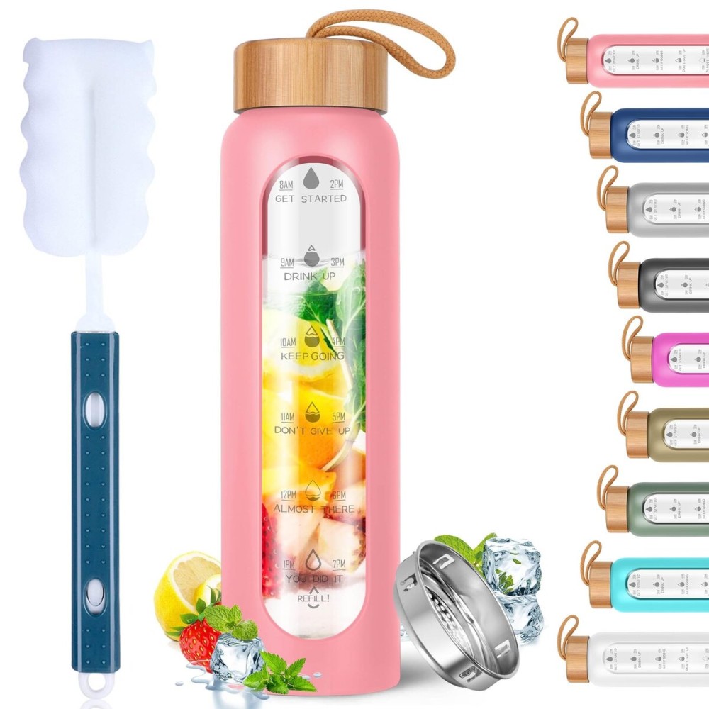 Aqulea Glass Water Bottles 25 Oz with Silicone Sleeve - BPA Free Reusable Wide Mouth Glass Motivational Water Bottles with Fruit Infuser - Leak Proof Borosilicate Water Bottle with Time Marker (Pink)