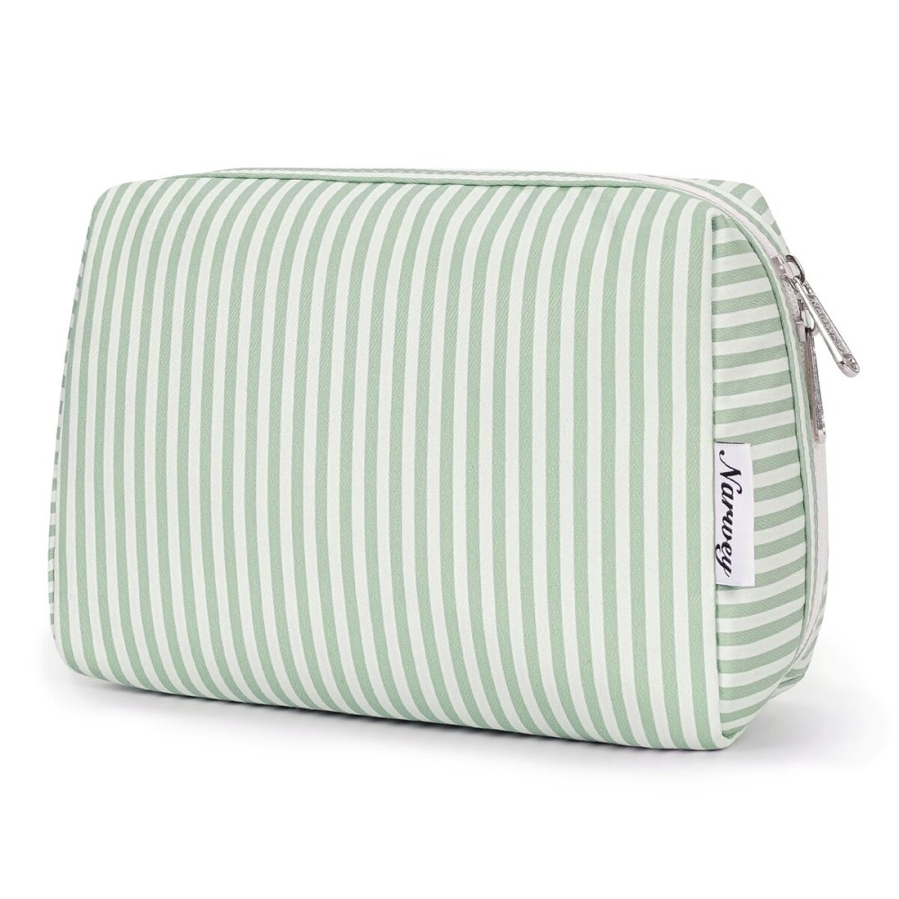 Narwey Striped Makeup Bag Travel Cosmetic Bag Organizer Toiletry Bag Make Up Bags with Compartments for Women Girls (Large, Mint Green Stripe)