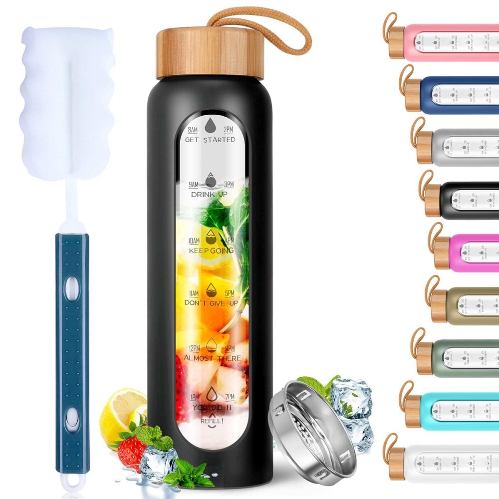 Aqulea Glass Water Bottles 25 Oz with Silicone Sleeve - BPA Free Reusable Wide Mouth Glass Motivational Water Bottles with Fruit Infuser - Leak Proof Borosilicate Water Bottle with Time Marker (Black)