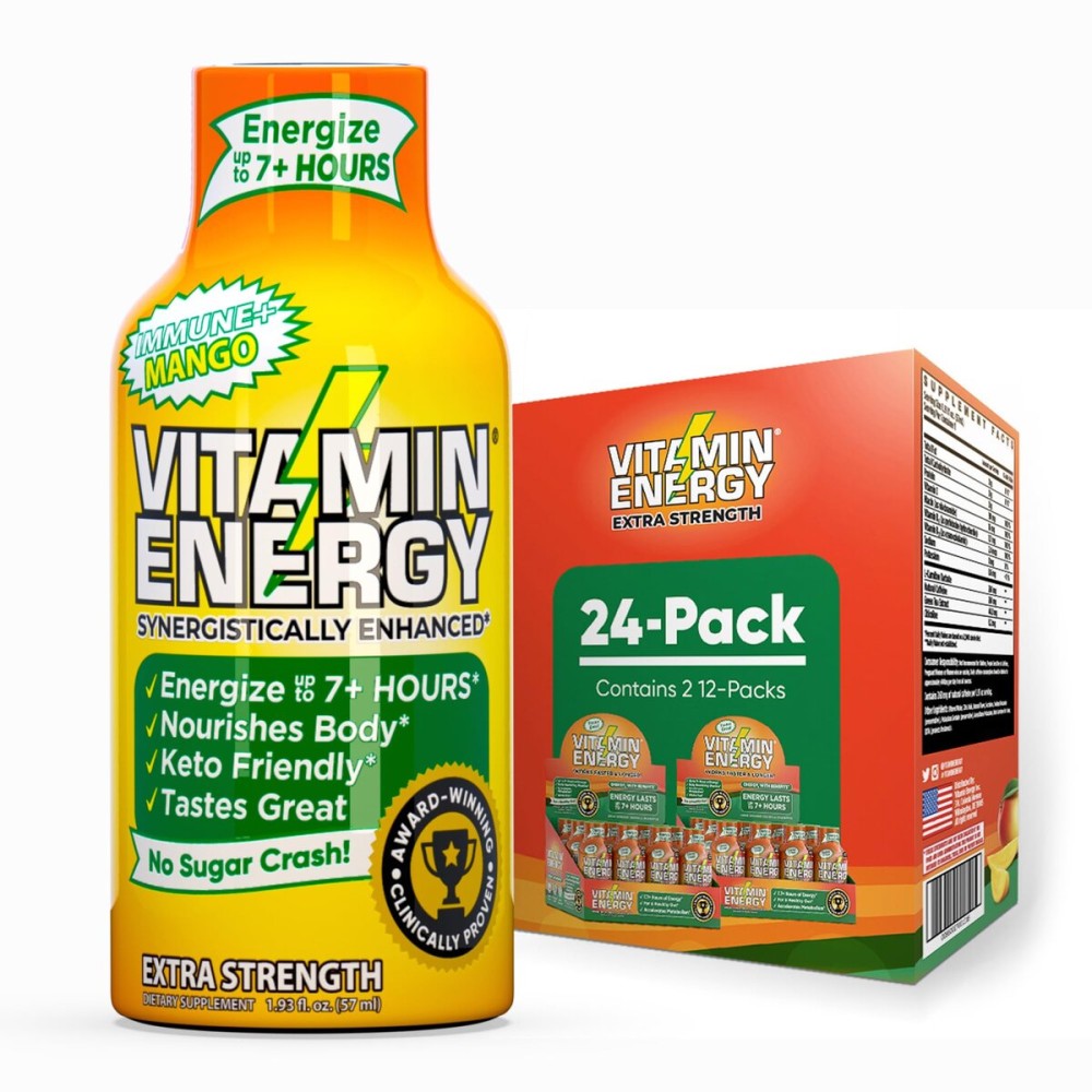 Vitamin Energy Immune+ Extra Strength Energy Shot Mango 24 Pack, 260mg Natural Caffeine, B-Vitamins, Citicoline, Green Tea, Immunity & Focus Support, Zero Sugar, Gluten-Free 1.93 fl oz