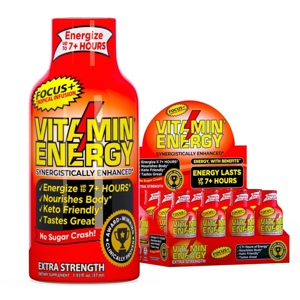 Vitamin Energy Focus+ Extra Strength Energy Shot Tropical Infusion 12 Pack, 260mg Natural Caffeine, B-Vitamins, CoQ10, Amino Acids, Focus, Productivity & Clarity, Zero Sugar, Gluten-Free, 1.93 fl oz