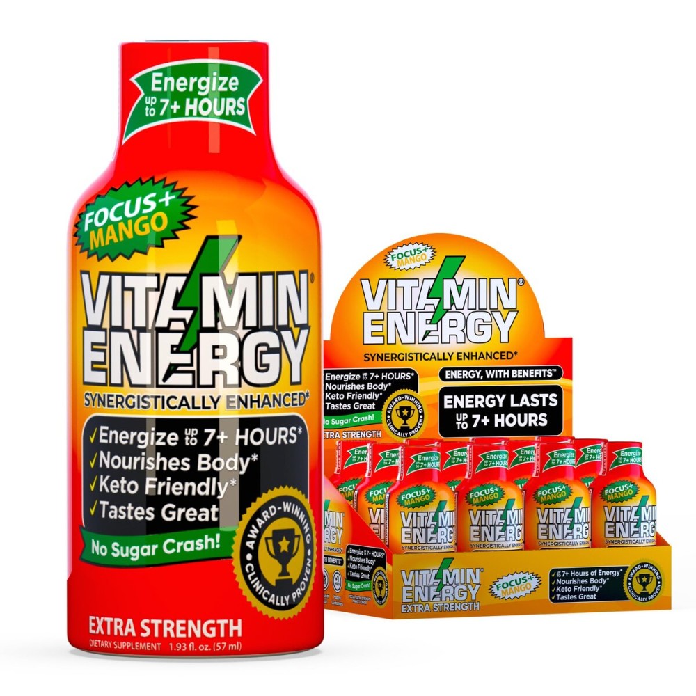 Vitamin Energy Focus+ Extra Strength Energy Shot Mango 12 Pack, 260mg Natural Caffeine, B-Vitamins, CoQ10, Amino Acids, Focus, Productivity & Clarity, Zero Sugar, Gluten-Free, 1.93 fl oz