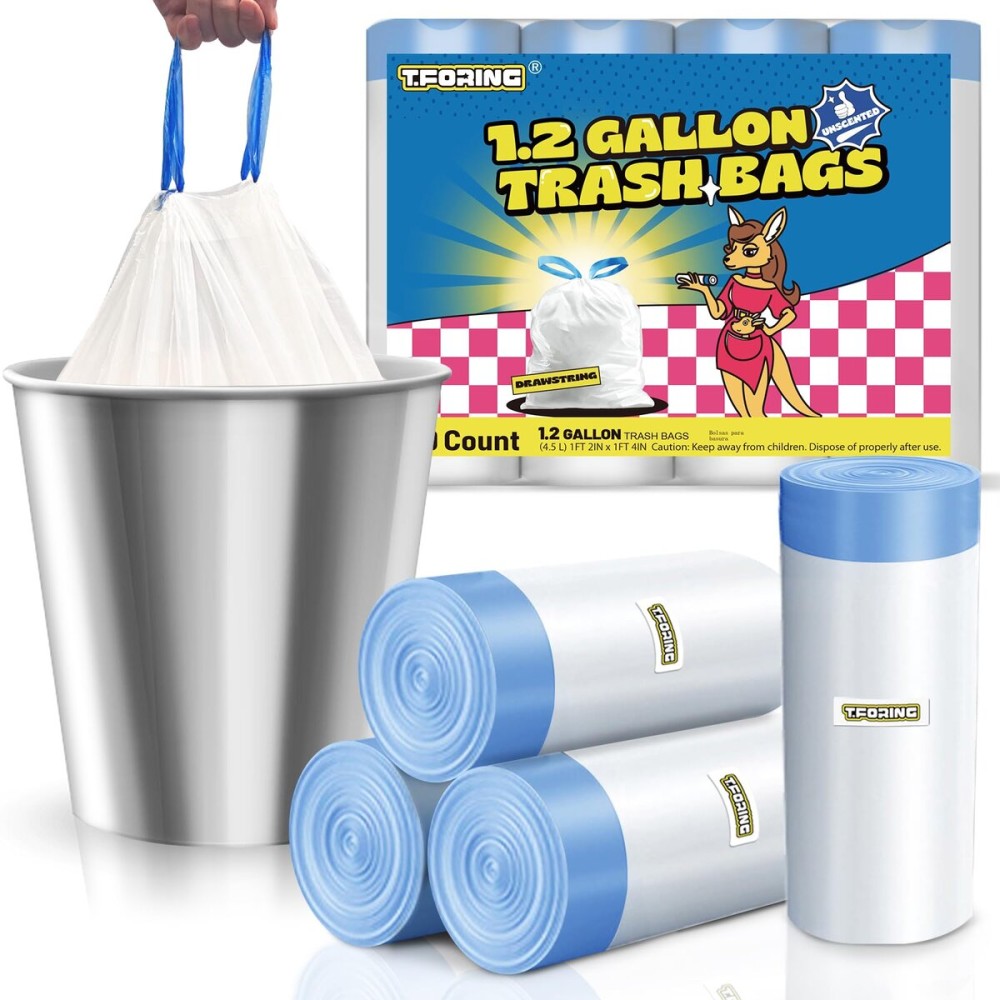 T.FORING 1.2 Gallon Mini Trash Bags Drawstring - 120 Count Thick Small Garbage Bags Unscented,White Trash Can Liners Strong Little Waste Basket Bags 4.5 Liter for Home Bathroom Office Car