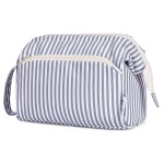 Narwey Striped Wide Open Makeup Bag Women, Travel Toiletry Bag for Women Cosmetic Bag Organizer Make up Bags with Compartments, Gift for Teen Girls (Greyish Blue Stripe)
