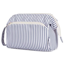 Narwey Striped Wide Open Makeup Bag Women, Travel Toiletry Bag for Women Cosmetic Bag Organizer Make up Bags with Compartments, Gift for Teen Girls (Greyish Blue Stripe)