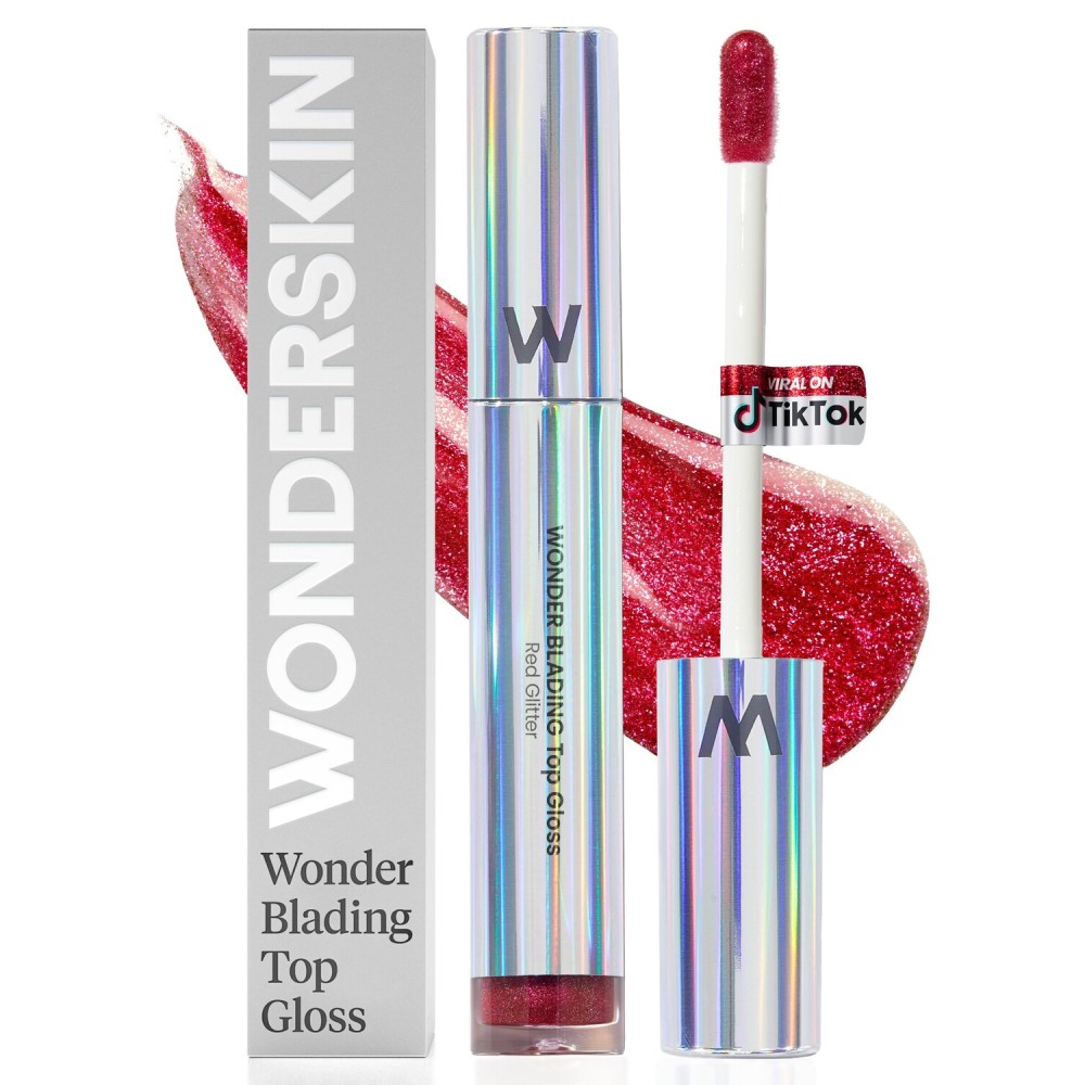 Wonderskin Lip Gloss Blading Top Gloss Red Glitter Lip Gloss, Hydrating and High Shine Finish Lip Makeup (Red Glitter)