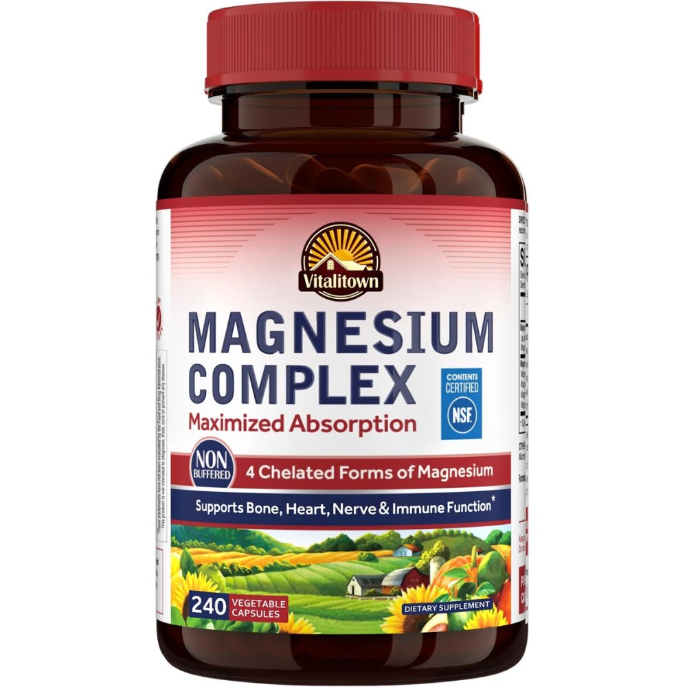 Vitalitown Magnesium Complex Supplement 500mg - NSF Certified Magnesium Glycinate, Malate, Taurate & Citrate - Chelated High Absorption & Gentle on Stomach - Vegan Non-GMO 240 Capsules