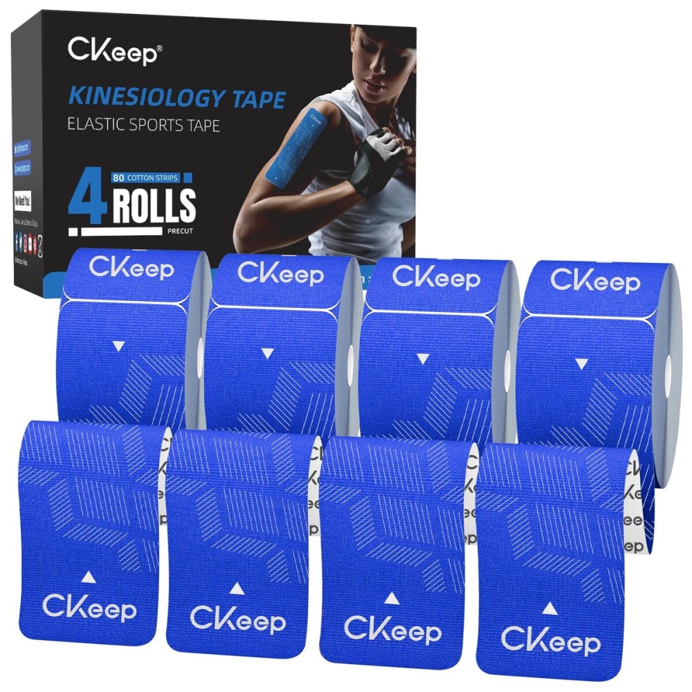 CKeep 4 Rolls Kinesiology Tape, Original Cotton Elastic Athletic Tape, 20 CT 10 Precut Strips Each, Waterproof Tape for Muscle Strain Relief and Joint Support, Blue