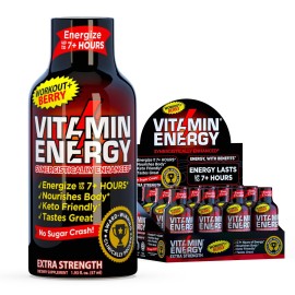 Vitamin Energy Workout+ Extra Strength Energy Shot Berry 12 Pack, 260mg Natural Caffeine, Pre-Workout, B-Vitamins, Minerals, Endurance & Performance, Zero Sugar, Gluten-Free, Vegan, 1.93 fl oz