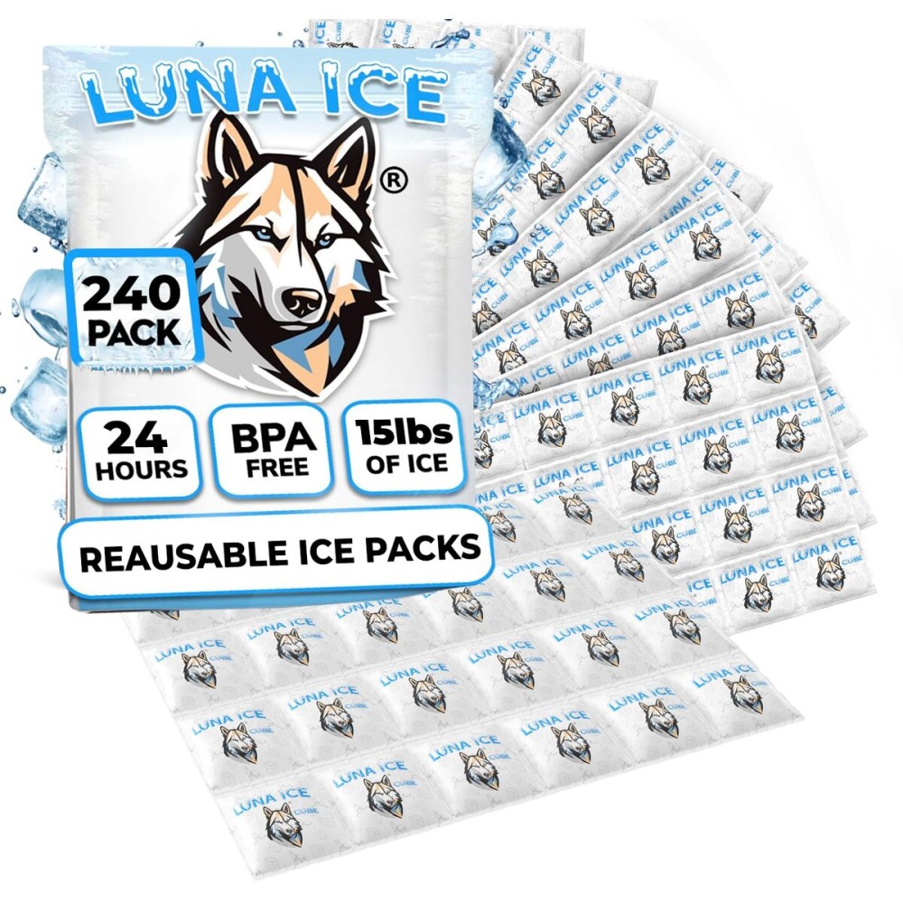LUNA ICE Dry Ice Packs for Shipping Cubes - Long Lasting ice Packs - 24+ Hour Freeze Power - BPA Free - 240 Pack Bulk 15 lb - Hielo Seco - Reusable Gel Bricks for Food