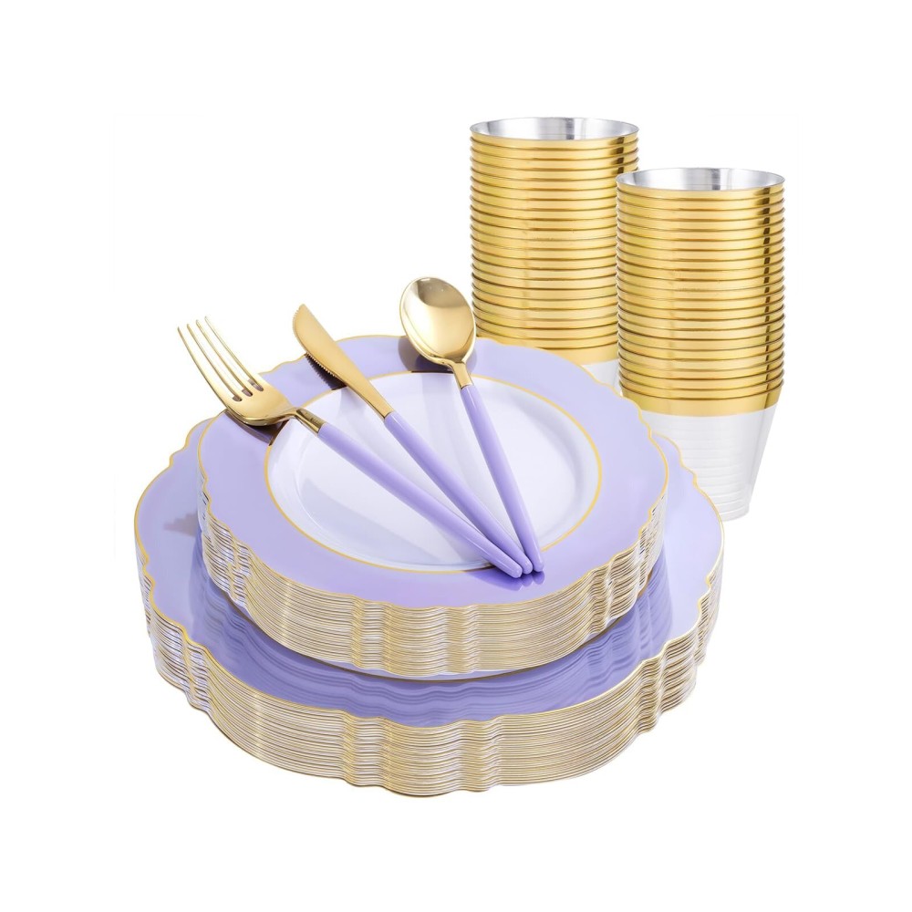 WDF 150Pcs Purple Plates Disposable - Baroque Lavender Purple and Gold Plates - 25Guest Plastic Dinnerware Ideal for Party/Spring/Picnic