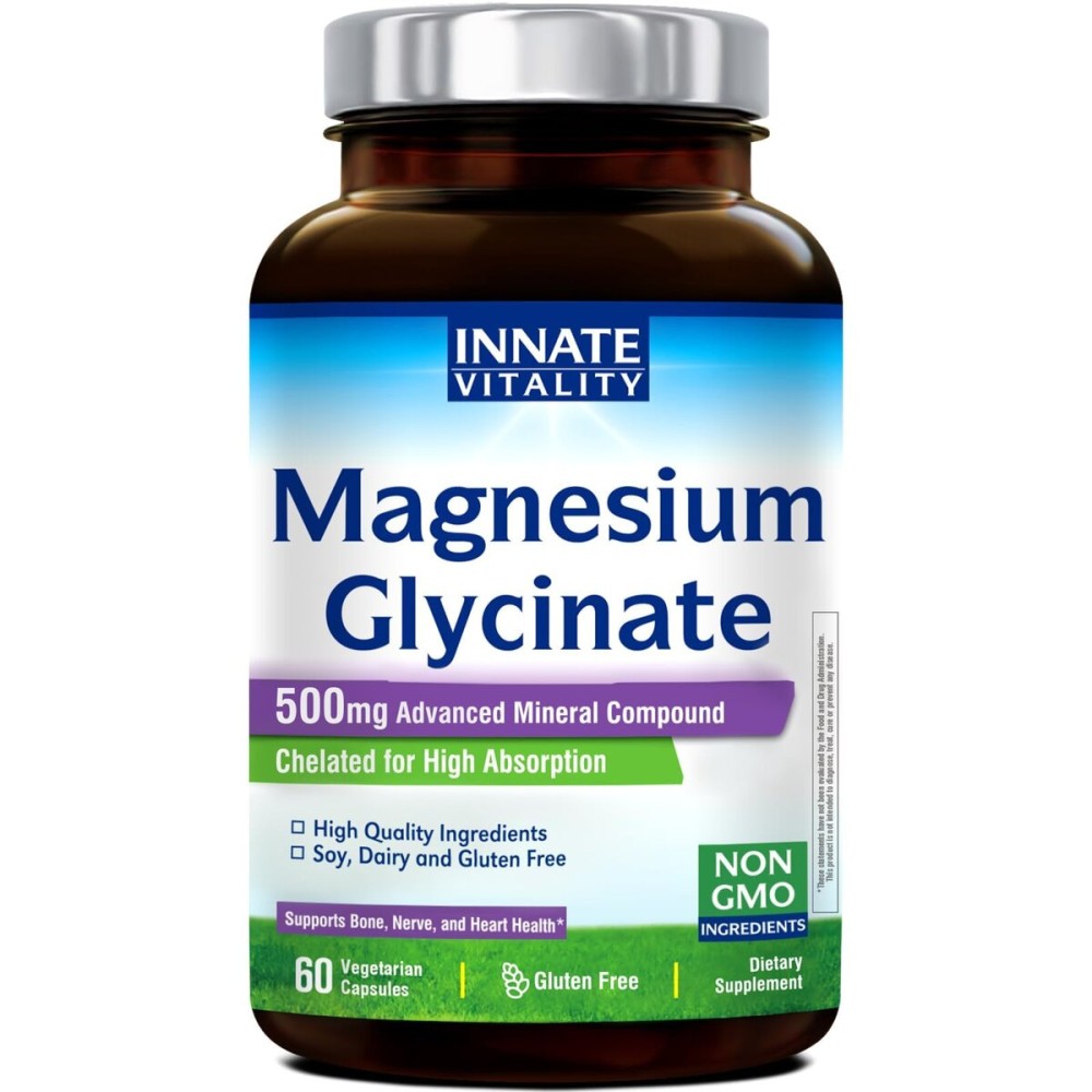Innate Vitality Magnesium Glycinate 500mg | 70mg Elemental Magnesium Supplement - High Absorption, Non Buffered, Non-GMO & No Gluten - Vegan - Nerve Health - 60 Capsules (Pack of 1)