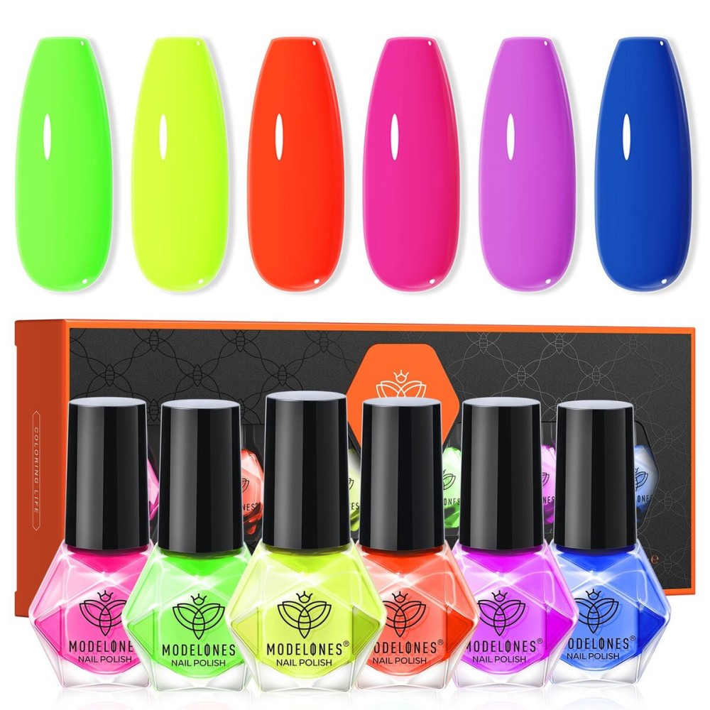 modelones Nail Polish, 6 Colors Summer Neon Blue Green Purple Rose Orange Yellow Quick Dry Mini Starter Kit, Long Lasting Art DIY Manicure Set at Home for Women Girls