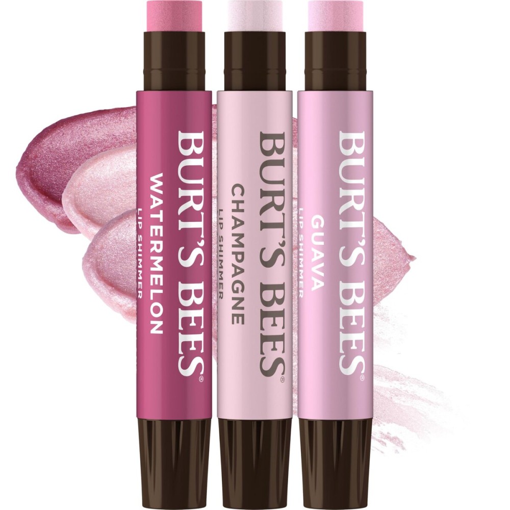 Burt\'s Bees Christmas Gifts, Lip Shimmer Pink Collection, Tinted Lip Balm Stick, Moisturizing for Hydration with Natural Glowy Pigmented Finish & Buildable Color, Value Pack, 3 Tubes x 0.09 Oz