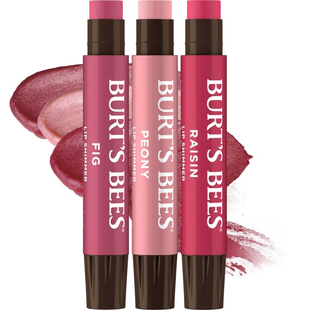 Burt\'s Bees Christmas Gifts, Lip Shimmer Nude Collection, Tinted Lip Balm Stick, Moisturizing for Hydration with Natural Glowy Pigmented Finish & Buildable Color, Value Pack, 3 Tubes x 0.09 Oz