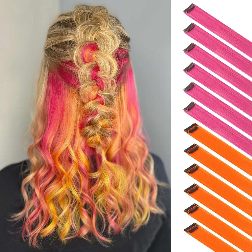 FESHFEN Colored Clip in Hair Extensions - 12 PCS Rose Pink and Orange Highlighted Hair Piece Straight Synthetic Clip in Hairpieces for Women 22 inch